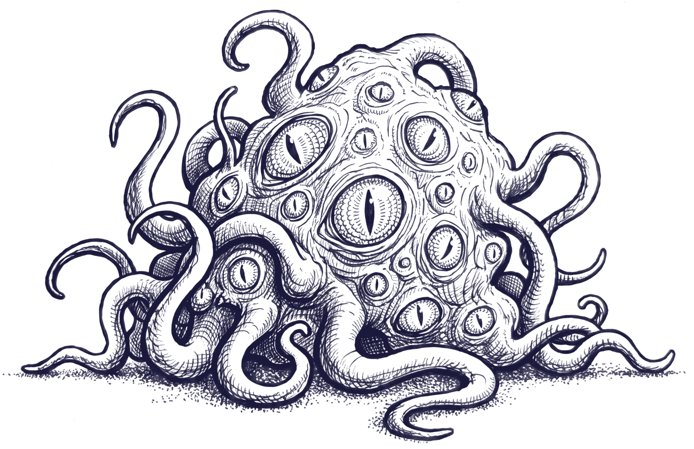 The same creature with the sheet off: a heap of tentacles studded with many eyes.