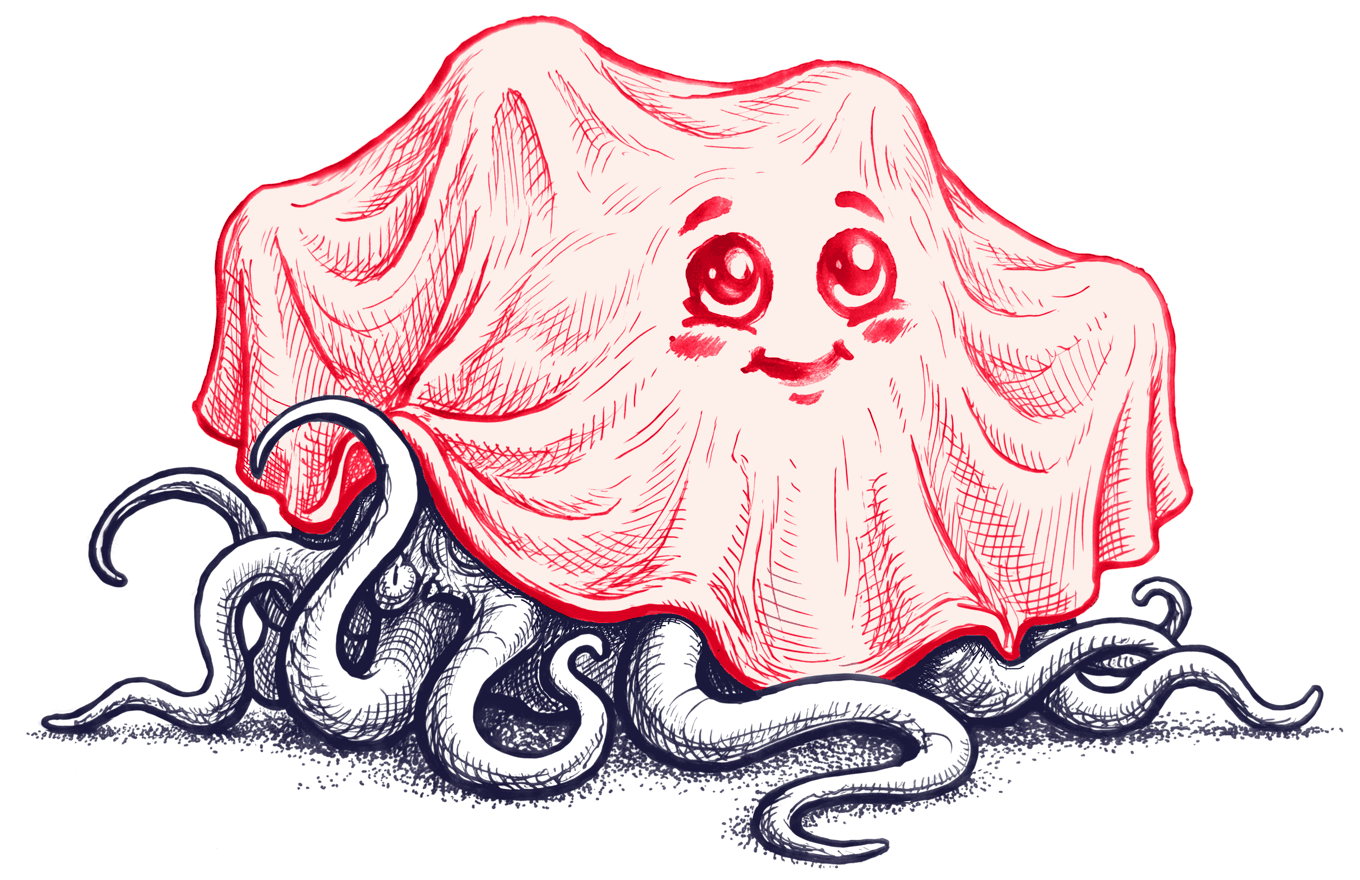 A creature hidden under a cheerful sheet with a smiling face, tentacles poking out from under the hem.